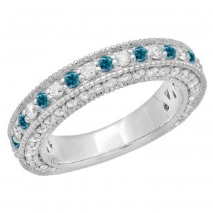 1.60 Carat (ctw) 10K White Gold Round Cut Blue & White Diamond Ladies Milgrain Anniversary Wedding Stackable Band