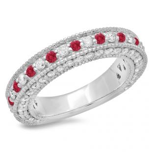 1.60 Carat (ctw) 18K White Gold Round Cut Ruby & White Diamond Ladies Milgrain Anniversary Wedding Stackable Band
