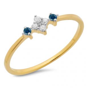0.10 Carat (ctw) 10K Yellow Gold Round Cut Blue & White Diamond Ladies Bridal Engagement Promise Ring 1/10 CT