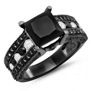 5.10 Carat (ctw) AA quality diamond Black Rhodium Plated 18K White Gold Princess & Round Cut Black & White Diamond Ladies Vintage Style Solitaire With Accents Bridal Engagement Ring