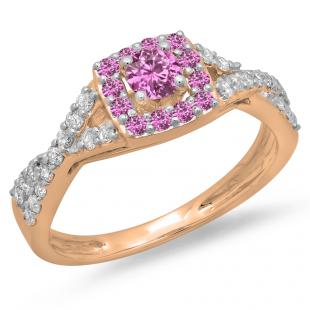 0.75 Carat (ctw) 18K Rose Gold Round Cut Pink Sapphire & White Diamond Ladies Bridal Swirl Split Shank Halo Engagement Ring 3/4 CT