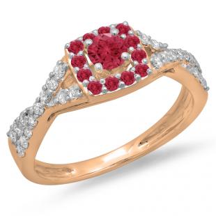 0.75 Carat (ctw) 14K Rose Gold Round Cut Ruby & White Diamond Ladies Bridal Swirl Split Shank Halo Engagement Ring 3/4 CT