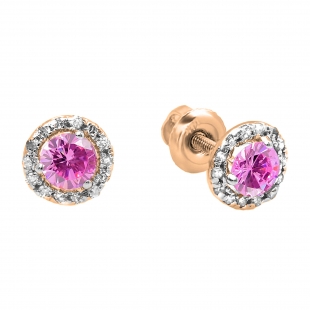 0.35 Carat (ctw) 10k Rose Gold Round Pink Sapphire & White Diamond Halo Stud Earrings