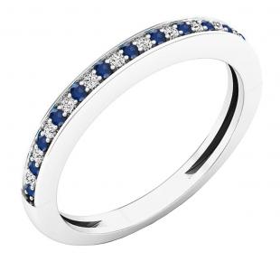 14K White Gold Round Blue Sapphire And White Diamond Ladies Bridal Wedding Band