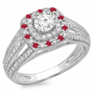 1.10 Carat (ctw) 18K White Gold Round Cut Ruby & White Diamond Ladies Split Shank Vintage Style Bridal Halo Engagement Ring 1 CT