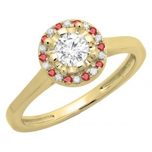 0.50 Carat (ctw) 14K Yellow Gold Round Ruby & White Diamond Ladies Bridal Halo Style Engagement Ring 1/2 CT