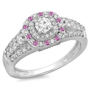 1.00 Carat (Ctw) 14K White Gold Round Cut Pink Sapphire & White Diamond Ladies Vintage Style Bridal Halo Engagement Ring 1 CT