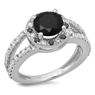 2.33 Carat (ctw) 14K White Gold Round Black & White Diamond Ladies Bridal Split Shank Halo Style Engagement Ring