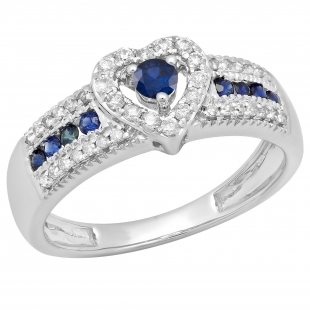 0.55 Carat (ctw) 14K White Gold Round Cut Blue Sapphire & White Diamond Ladies Bridal Heart Shaped Promise Engagement Ring 1/2 CT