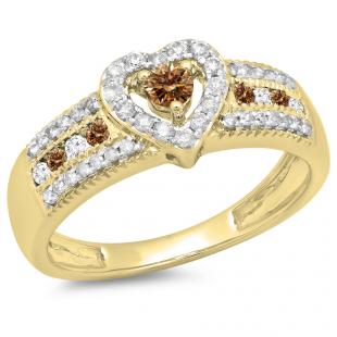 0.55 Carat (ctw) 18K Yellow Gold Round Cut Champagne & White Diamond Ladies Bridal Heart Shaped Promise Engagement Ring 1/2 CT