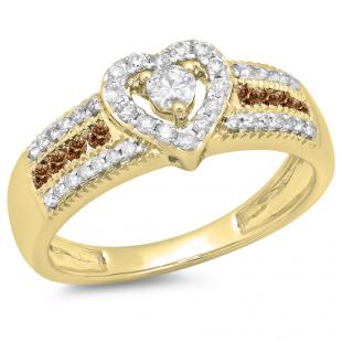 0.55 Carat (ctw) 10K Yellow Gold Round Cut Champagne & White Diamond Ladies Bridal Heart Shaped Promise Engagement Ring 1/2 CT