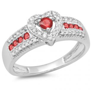 0.55 Carat (ctw) 10K White Gold Round Cut Ruby & White Diamond Ladies Bridal Heart Shaped Promise Engagement Ring 1/2 CT