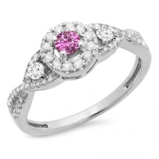 0.60 Carat (ctw) 18K White Gold Round Pink Sapphire & White Diamond Ladies 3 Stone Swirl Halo Style Vintage Bridal Engagement Ring