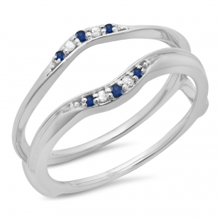 0.10 Carat (ctw) 18K White Gold Round Blue Sapphire & White Diamond Ladies Anniversary Wedding Band Guard Double Ring 1/10 CT