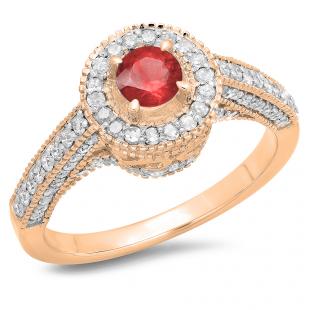 1.00 Carat (ctw) 18K Rose Gold Round Ruby & White Diamond Ladies Bridal Vintage Halo Style Engagement Ring 1 CT