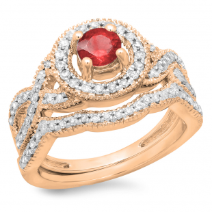 1.00 Carat (ctw) 14K Rose Gold Round Cut Ruby & White Diamond Ladies Swirl Bridal Halo Engagement Ring With Matching Band Set 1 CT