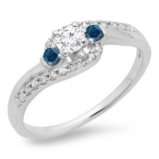 0.50 Carat (ctw) 14K White Gold Round Cut Blue & White Diamond Ladies Bridal Bypass Swirl 3 Stone Engagement Ring 1/2 CT