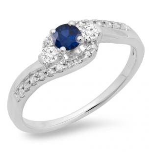 0.50 Carat (ctw) 14K White Gold Round Cut Blue Sapphire & White Diamond Ladies Bridal Bypass Swirl 3 Stone Engagement Ring 1/2 CT