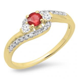 0.50 Carat (ctw) 14K Yellow Gold Round Cut Ruby & White Diamond Ladies Bridal Bypass Swirl 3 Stone Engagement Ring 1/2 CT
