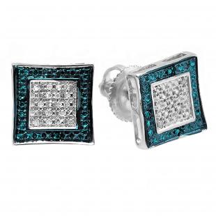 0.10 Carat (ctw) Sterling Silver Blue & White Round Diamond Micro Pave Setting Kite Shape Stud Earrings