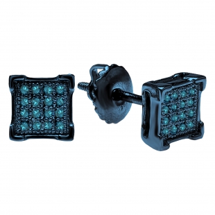 0.10 Carat (ctw) Blue Rhodium Plated Sterling Silver Round Blue Diamond V-Prong Square Shape Mens Hip Hop Iced Stud Earrings