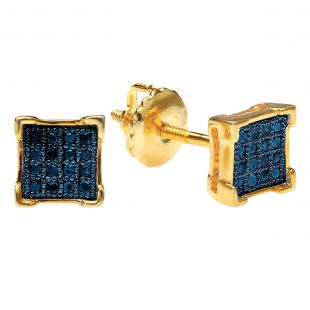 0.10 Carat (ctw) 14K Yellow Gold Blue Diamond V-Prong Square Mens Hip Hop Iced Stud Earrings