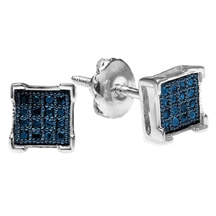 0.05 Carat (ctw) 14K White Gold Round Blue Diamond V Prong Square Shape Men's Hip Hop Iced Stud Earrings