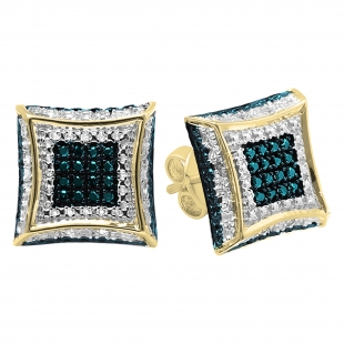 0.15 Carat (ctw) Round Blue & White Diamond Micro Pave Setting Kite Shape Stud Earrings 14K Yellow Gold