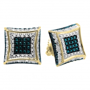 0.15 Carat (ctw) Round Blue & White Diamond Micro Pave Setting Kite Shape Stud Earrings 14K Yellow Gold