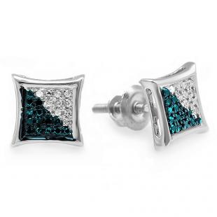 0.10 Carat (ctw) Sterling Silver Round Blue & White Diamond Micro Pave Setting Kite Shape Stud Earrings