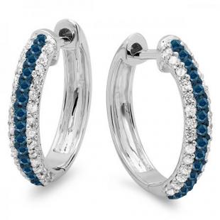 0.50 Carat (ctw) 14K White Gold Round Blue & White Diamond Ladies Pave Set Huggies Hoop Earrings 1/2 CT