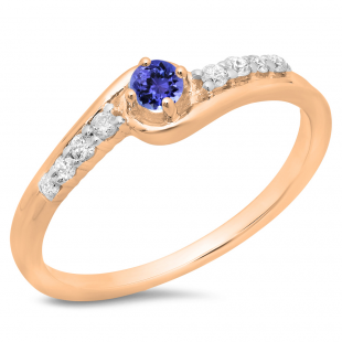 0.25 Carat (ctw) 14K Rose Gold Round Cut Tanzanite & White Diamond Ladies Bridal Twisted Wave Promise Engagement Ring 1/4 CT
