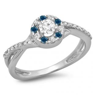 0.50 Carat (ctw) 10K White Gold Round Cut Blue & White Diamond Ladies Swirl Split Shank Bridal Halo Engagement Ring 1/2 CT