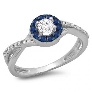 0.50 Carat (ctw) 14K White Gold Round Cut Blue Sapphire & White Diamond Ladies Swirl Split Shank Bridal Halo Engagement Ring 1/2 CT