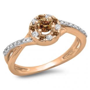 0.50 Carat (ctw) 18K Rose Gold Round Cut Champagne & White Diamond Ladies Swirl Split Shank Bridal Halo Engagement Ring 1/2 CT