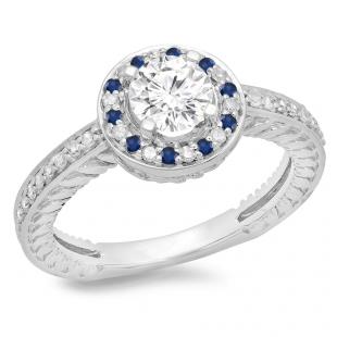 1.00 Carat (ctw) 14K White Gold Round Cut Blue Sapphire & White Diamond Ladies Bridal Vintage Halo Style Engagement Ring 1 CT
