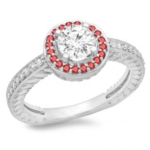 1.00 Carat (ctw) 10K White Gold Round Cut Ruby & White Diamond Ladies Bridal Vintage Halo Style Engagement Ring 1 CT