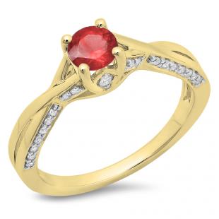0.75 Carat (ctw) 14K Yellow Gold Round Cut Ruby & White Diamond Ladies Solitaire With Accents Bridal Twisted Swirl Engagement Ring 3/4 CT