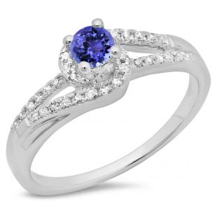 0.45 Carat (ctw) 10K White Gold Round Cut Tanzanite & White Diamond Ladies Twisted Split Shank Bridal Engagement Ring 1/2 CT