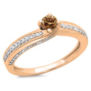 0.50 Carat (ctw) 18K Rose Gold Round Champagne & White Diamond Ladies Swirl Promise Solitaire With Accents Engagement Ring 1/2 CT