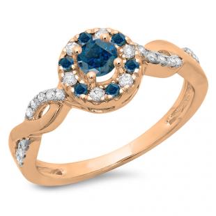 0.55 Carat (ctw) 10K Rose Gold Round Cut Blue & White Diamond Ladies Swirl Bridal Halo Engagement Ring 1/2 CT