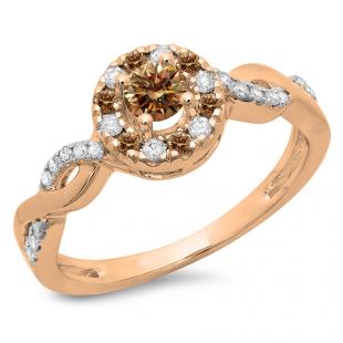 0.55 Carat (ctw) 14K Rose Gold Round Cut Champagne & White Diamond Ladies Swirl Bridal Halo Engagement Ring 1/2 CT