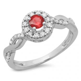 0.55 Carat (ctw) 18K White Gold Round Cut Ruby & White Diamond Ladies Swirl Bridal Halo Engagement Ring 1/2 CT