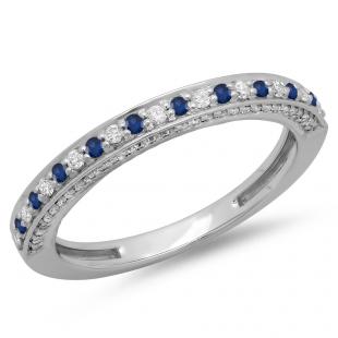 0.40 Carat (ctw) 14K White Gold Round Cut Blue Sapphire & White Diamond Ladies Anniversary Wedding Band Stackable Ring