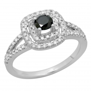 0.80 Carat (ctw) 14K White Gold Round Black & White Diamond Ladies Split Shank Engagement Halo Bridal Ring 3/4 CT