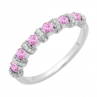 0.55 Carat (ctw) 10K White Gold Round Pink Sapphire And White Diamond Ladies Bridal Stackable Wedding Band Anniversary Ring 1/2 CT