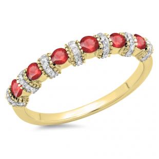 0.55 Carat (ctw) 14K Yellow Gold Round Ruby And White Diamond Ladies Bridal Stackable Wedding Band Anniversary Ring 1/2 CT