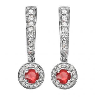 0.50 Carat (ctw) 18k White Gold Round Ruby & White Diamond Ladies Fine Dangling Drop Earrings 1/2 CT
