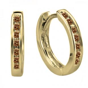 0.20 Carat (ctw) 10K Yellow Gold Small Round Champagne Diamond Huggie Hoop Earrings 11 mm diameter