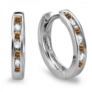 0.20 Carat (ctw) 10K White Gold Small Round Champagne & White Diamond Huggie Hoop Earrings 11 mm diameter